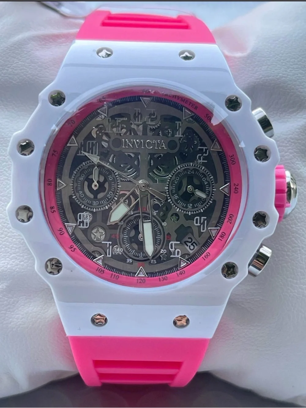 Invicta White and Pink Skeleton Chronograph Watch